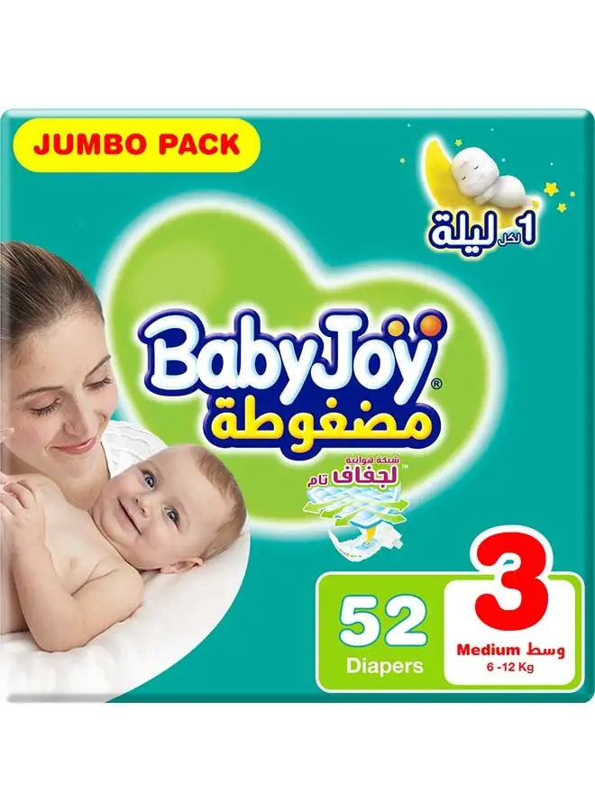 BabyJoy Compressed Diamond Pad, Size 3 Medium, 6 to 12 kg, Jumbo Pack, 52 Diapers