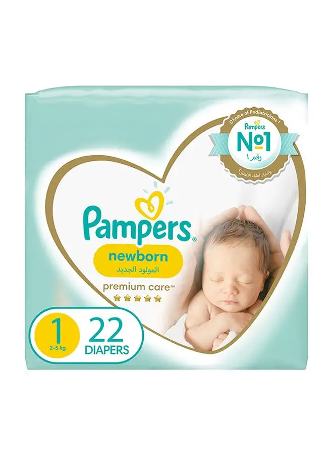 Pampers Premium Care Newborn Taped Diapers, Size 1, 2-5kg,  Softest Absorption for Ultimate Skin Protection, 22 Count