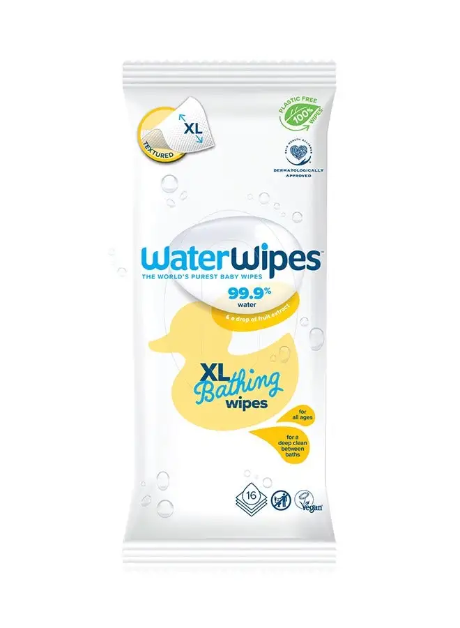 WaterWipes، خالية من البلاستيك مقاس XL للاستحمام، مناديل مبللة للأطفال والرضع، 99.9% مناديل مبللة مائية، غير معطرة، 16 قطعة