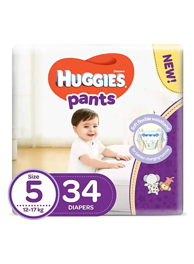 Huggies Extra Care Baby Pants Diapers, Size 5, 12 - 17 Kg, 34 Count - Super Mega Pack, Cloud Soft Comfort