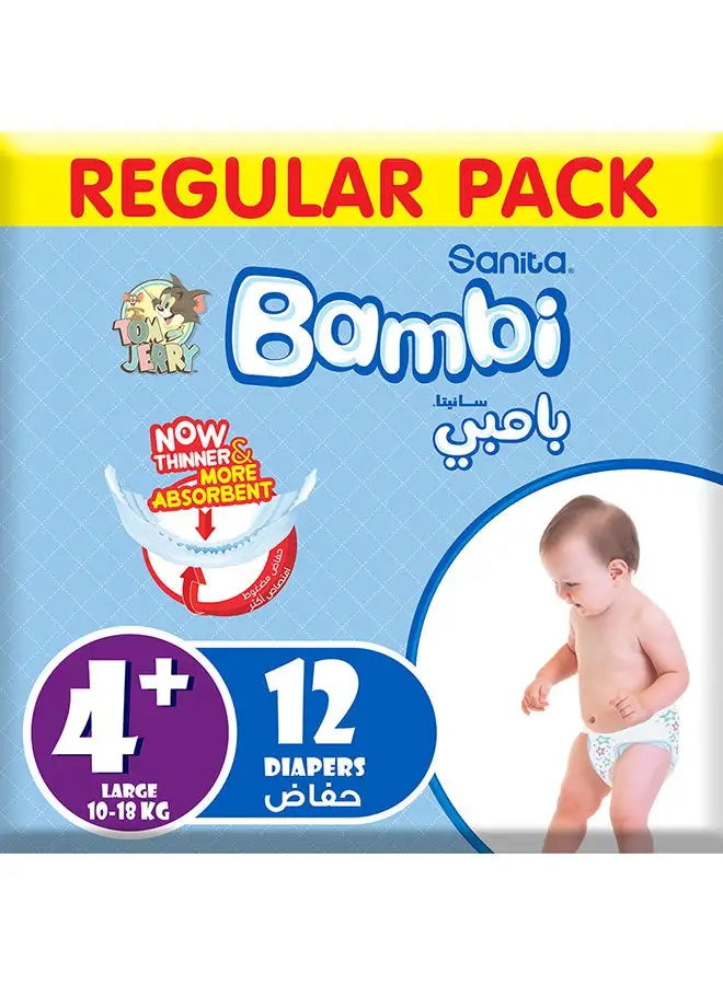 Sanita Bambi Baby Diapers, Size 4+, 10 - 18 Kg, 12 Count - Large, Regular Pack, Now Thinner And More Absorbent