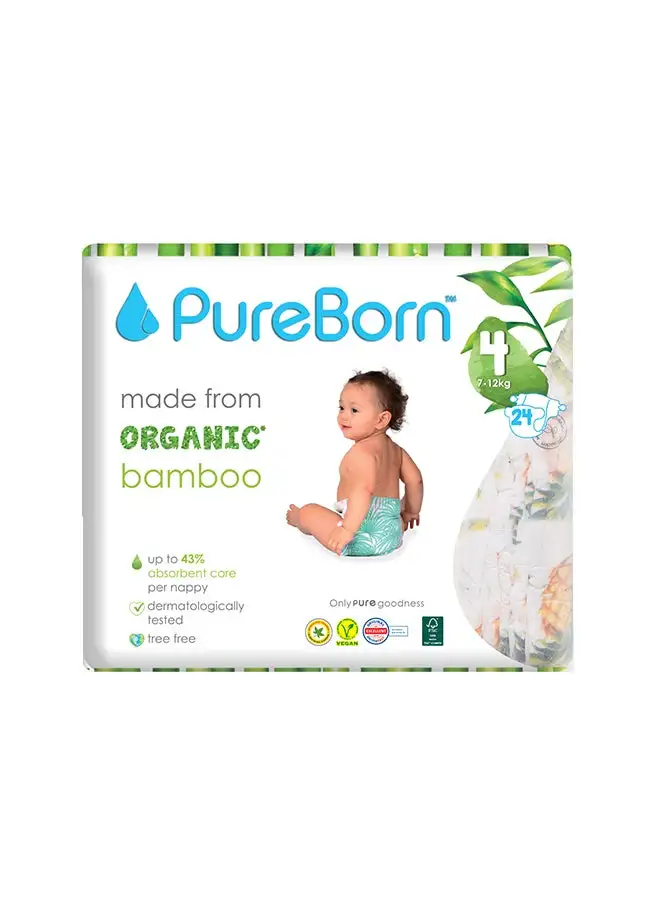 PureBorn Organic Bamboo Baby Diapers, Size 4, 7 - 12 Kg, 24 Count - Daisys