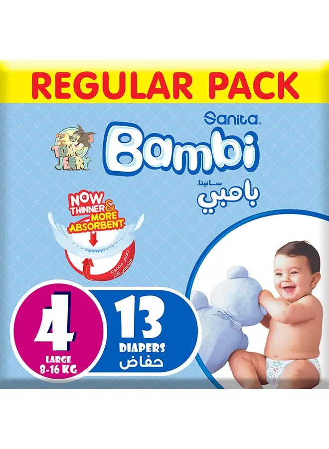 Sanita Bambi Baby Diapers, Size 4, 8 - 16 Kg, 13 Count - Large, Regular Pack, Now Thinner And More Absorbent