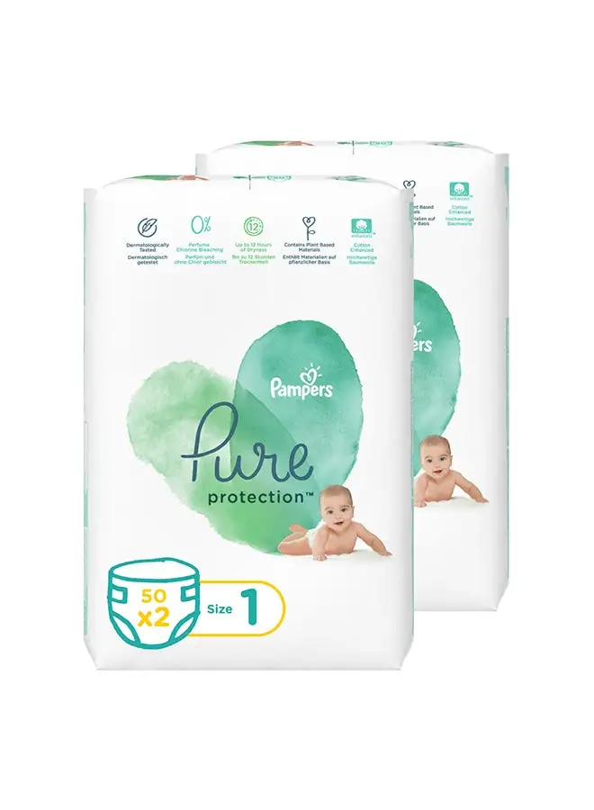 Pampers Pure Protection Diapers, Size 1, 2 - 5 Kg, 100 Count (50 X 2) - Dermatologically Tested