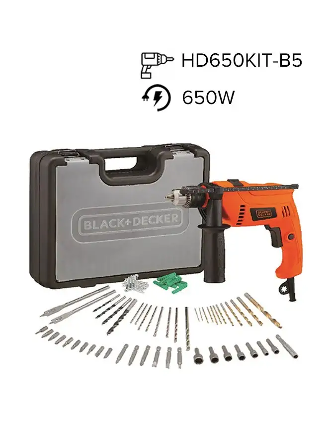 BLACK+DECKER Hammer Drill With Variable Speed For Wood, Metal And Concrete Drilling 650W+ 50-Pieces Accessories Bits Set In Kitbox HD650KIT-B5 Orange/Black 10x12x11cm