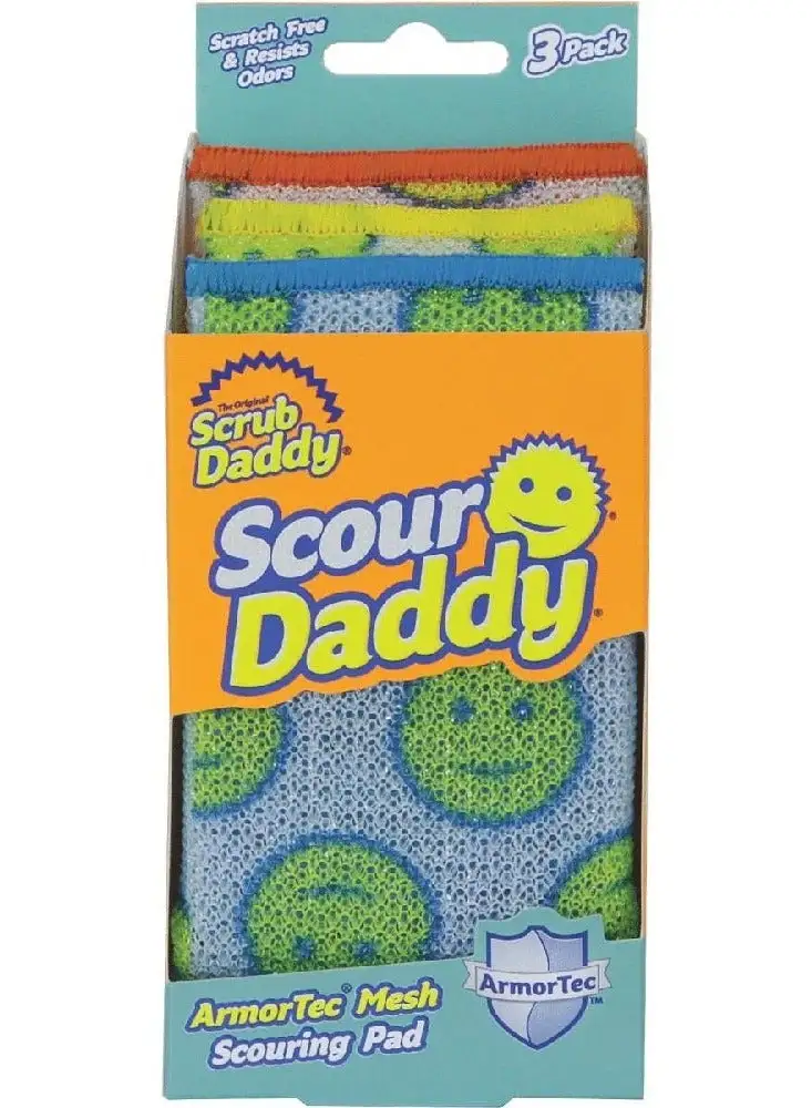 وسادة تنظيف شبكية متعددة الأسطح من Scrub Daddy Scour Daddy، ماصة، ناعمة في الماء الدافئ، ثابتة في البرد، خالية من الخدوش، مقاومة للرائحة، سهلة التنظيف، متعددة الألوان، مجموعة من 3 قطع.