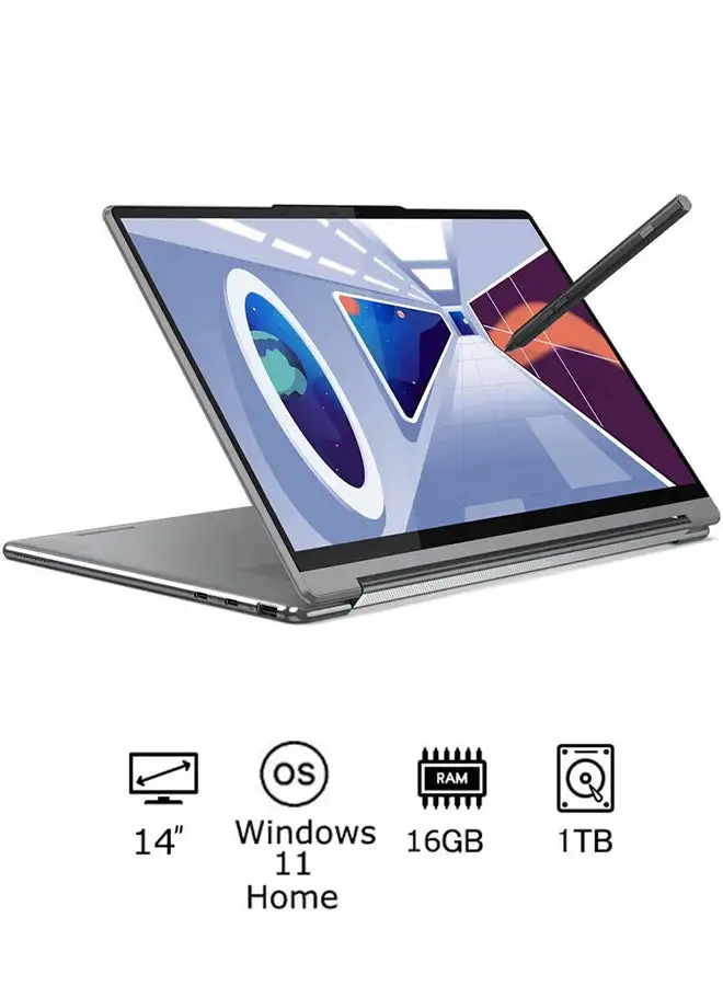 Lenovo Yoga 9 Laptop With 14-Inch Display, Core i7 1360P Processor/16GB RAM/1TB SSD/Windows 11 Home Arabic Storm Grey