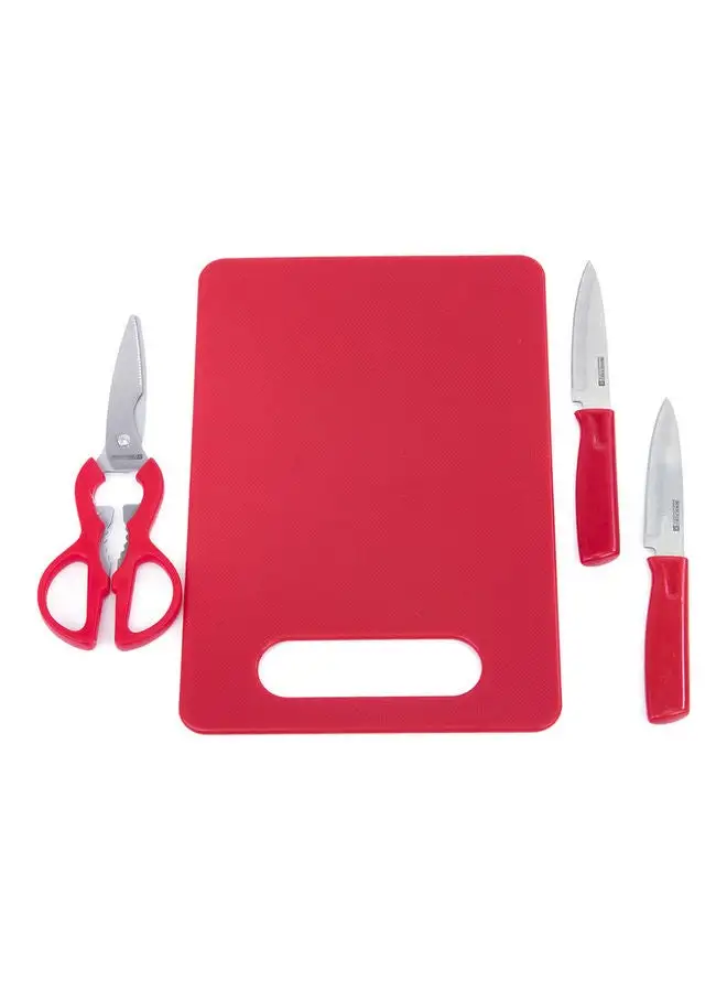 Royalford 4-Piece Knife And Cutting Board Set With Scissor Red