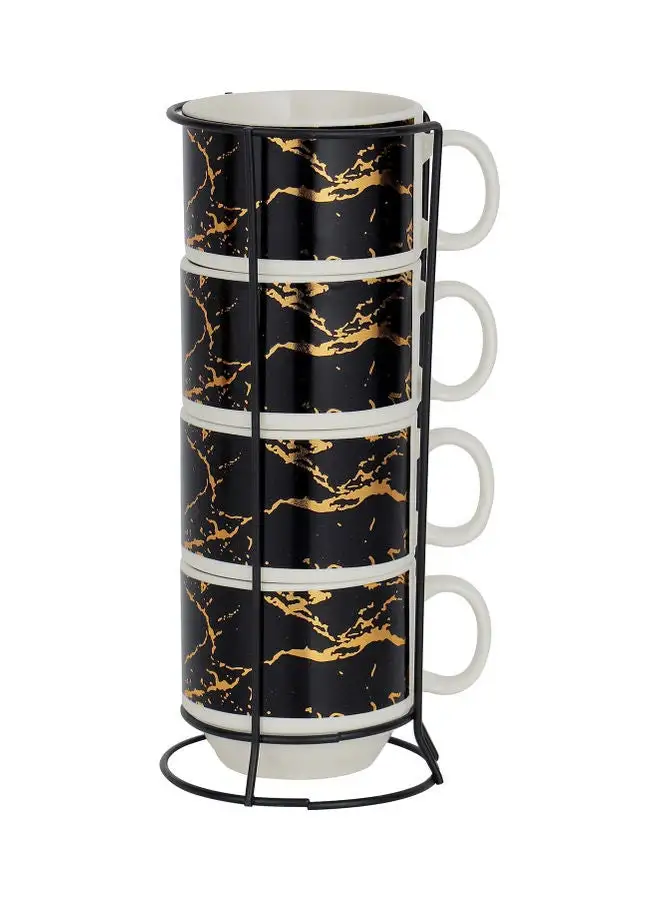 Royalford Royalford Fine Bone Stack Cup Set with Stand- RF10986 200 ML 4 Cups Premium-Quality and Stylish Kitchen Organizer with Sturdy and Stable Construction Black/White 200ml