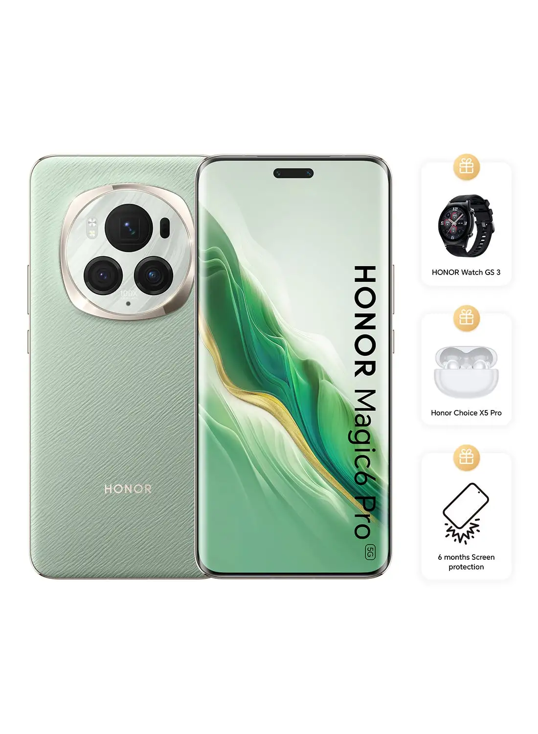 Honor Magic 6 Pro 5G Dual SIM Epi Green 12GB RAM 512GB Bundle With Magic Honor Watch GS3 + Honor Choice X5 Pro Earbuds + 6 Month Screen Protection - Middle East Version