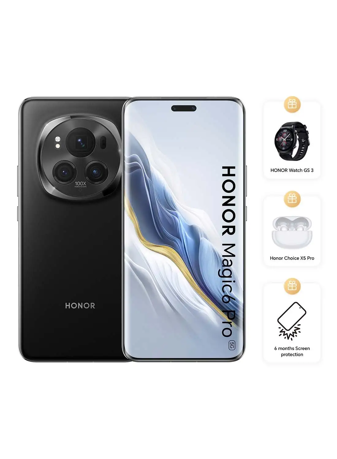 Honor Magic 6 Pro 5G Dual SIM Black 12GB RAM 512GB Bundle With Honor Watch GS3 + Honor Choice X5 Pro Earbuds + 6 Month Screen Protection - Middle East Version