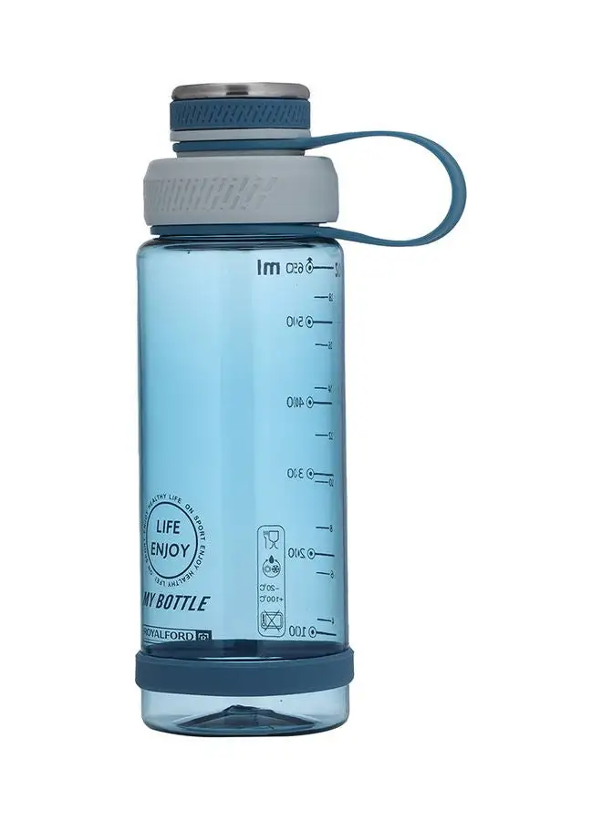 Royalford Royalford 650 ml Water Bottle- RF11117 Transparent Plastic Bottle with Attached Easy Twist Lock Stylish Design with Measurements Water Bottle for School, Office and Gym Leak-Proof BLUE