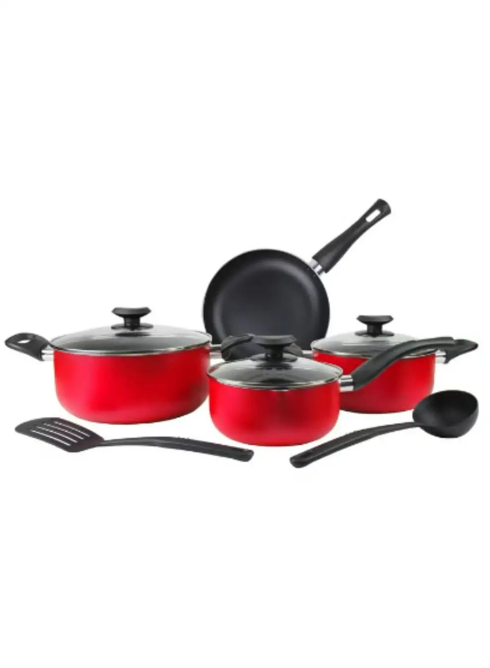 British Chef 9 Piece Nonstick Cookware Set, 24CM Casserole + Lid, 20CM Casserole + Lid, 18CM Saucepan + Lid, 24CM Frypan + Lid, 24CM frypan, Nylon Turner, Nylon Ladle BC-109