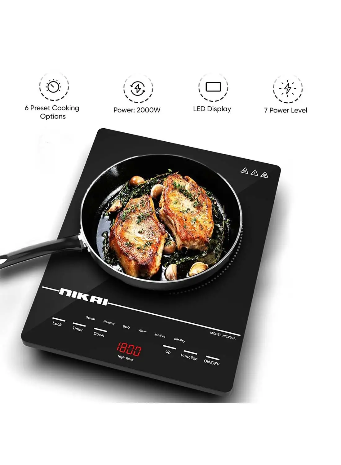 NIKAI Infrared Cooker -  Touch Control With 6 Preset Temperature Settings, Sleek Design, Efficient Heating Technology Suitable For All Utensils 2000 W NIC2001A Black