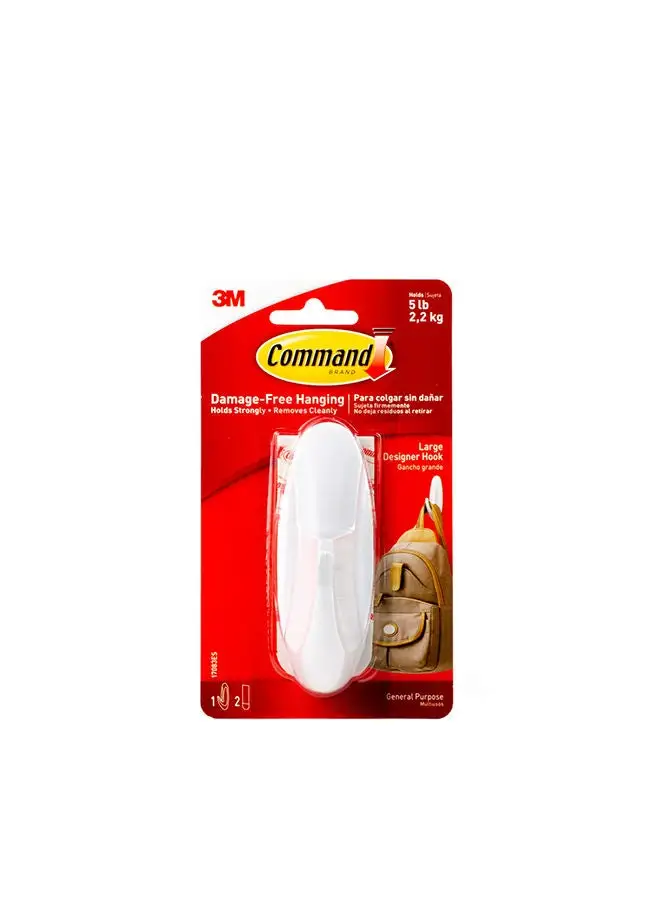 Command Command 17083ES Designer Hook with strips, Large, Holds 2.2 Kg. each hook, white color. 1 hook and 2 strips/pack