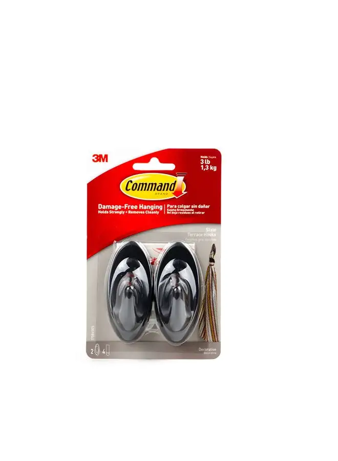 Command Command 17086 Slate terrace Hooks, Medium, Holds 1.3 Kg. each hook, black color. 2 hooks and 4 strips/pack