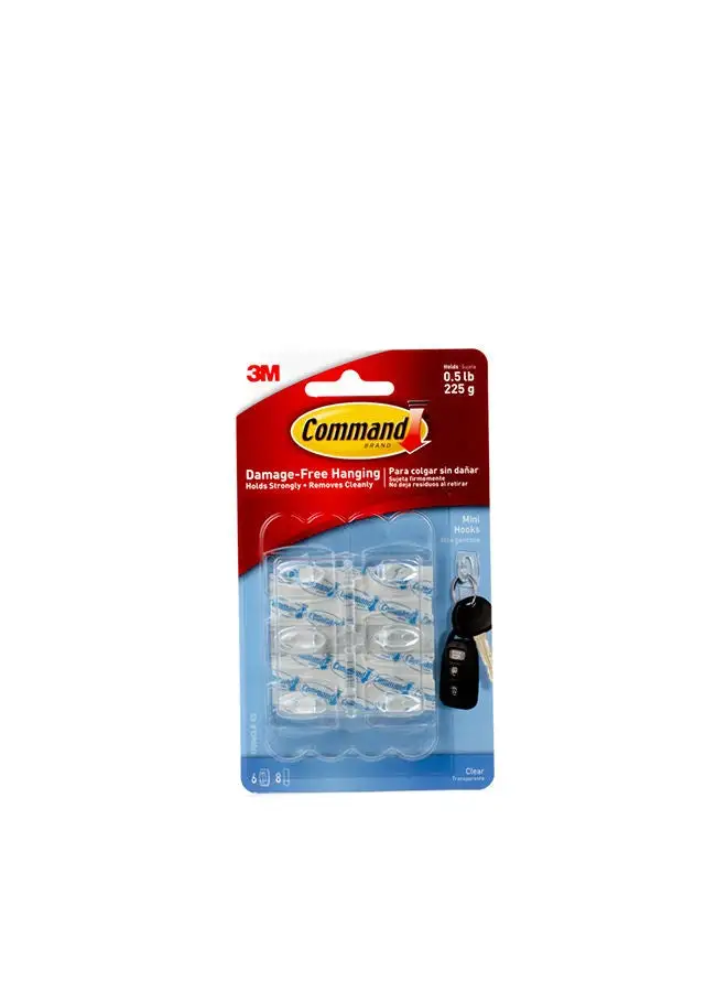 Command Command 17006CLR-ES Hooks with Strips, Mini, Holds 225 gr. each hook, Clear color. 6 hooks and 8 strips/pack