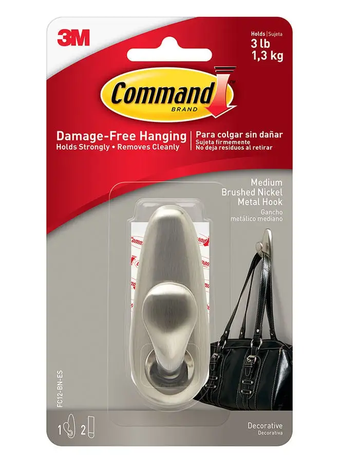 Command Command FC12-BN-ES Forever Classic Hook, Medium, Holds 1.3 Kg. each hook, Silver color. 1 hook and 2 strips/pack