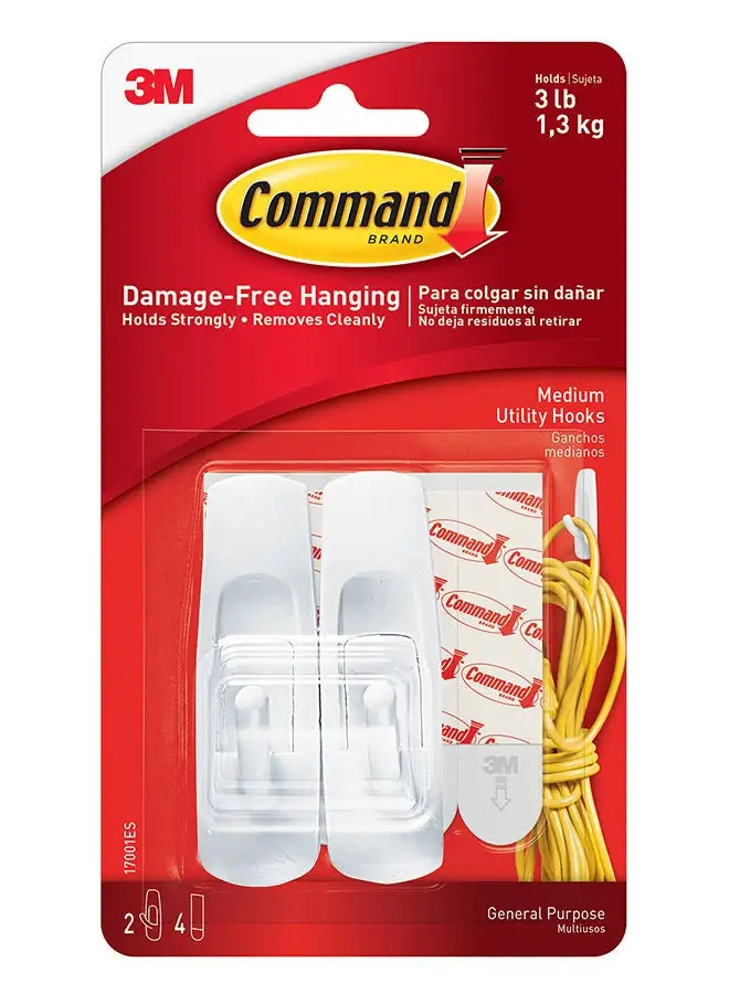 Command Command 17001ES Utility Hooks, medium, Holds 1.36 Kg. each hook, white color. 2 hooks and 4 strips/pack