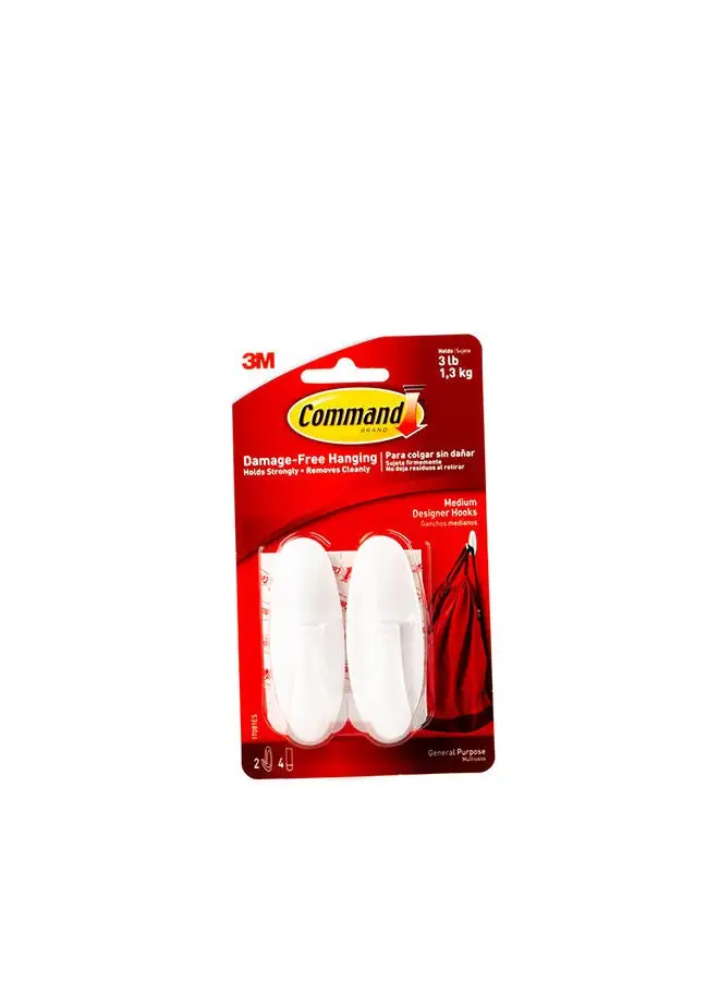 Command Command 17081 Designer Hooks, Medium, Holds 1.3 Kg. each hook, white color. 2 hooks and 4 strips/pack