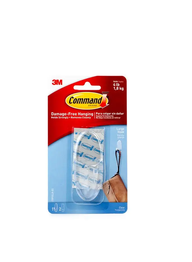 Command Command 17093 Hook with Strips, Large, Holds 1.8 Kg. each hook, Clear color. 1 hook and 2 strips/pack