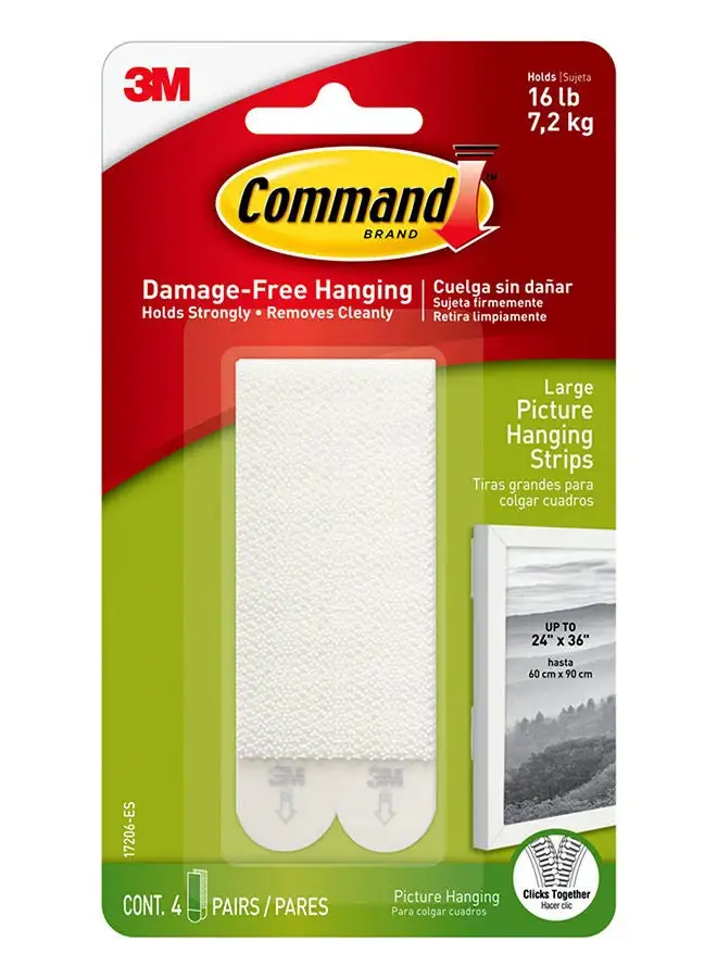 Command Command 17206-ES Picture Hanging Strips, Large, Holds 7.2 Kg. whole pack, white color. 4 pairs/pack