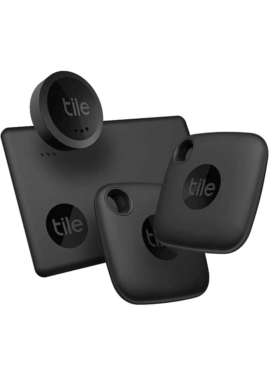 tile Essentials 2022 Bluetooth Item Finder Set - 4 Pack 2 Black Mates, 1 Slim, 1 Sticker, Works With Alexa And Google Smart Home, iOS And Android Compatible, Find Your Keys, Wallets, Remotes And More Multicolor