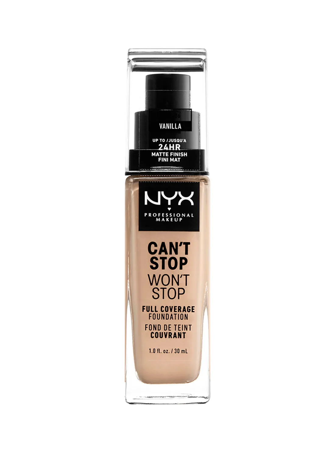 إن NYX Professional MAKEUP لا يمكن أن يتوقف ولن يوقف التغطية الكاملة لكريم الأساس المصبوغ بالفانيليا