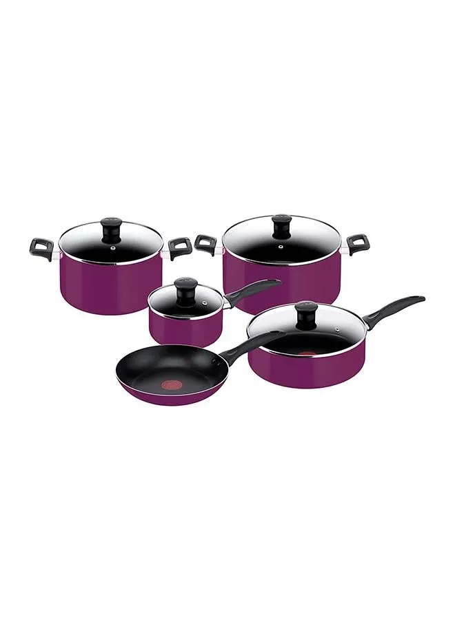 Tefal 9-Piece Granite Non-Stick 100% PFOA Free With Tempered Glass Lid Multilayer Granite Coating Cookware Set Includes frypan 24 cm, saucepan 16 cm+lid, stewpots 22/26 cm, sautepan 26 cm Purple/Black/Clear 24cm