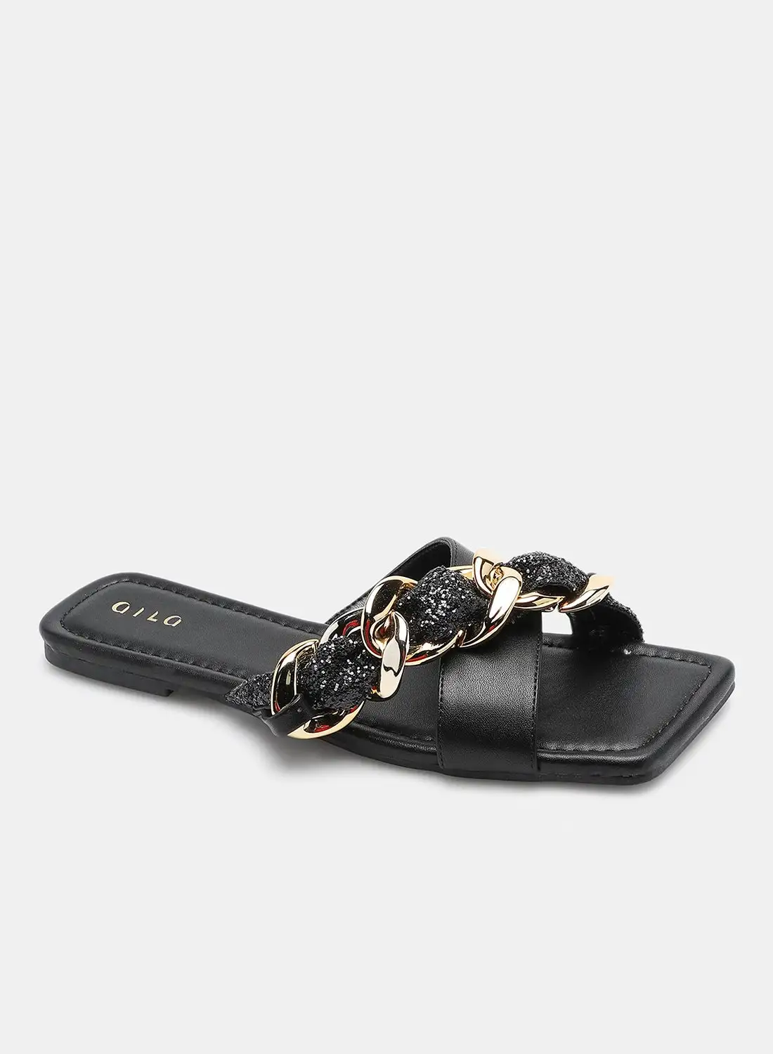 Aila Criss-Cross Chain Detail Strap Flat Sandals Black/Gold