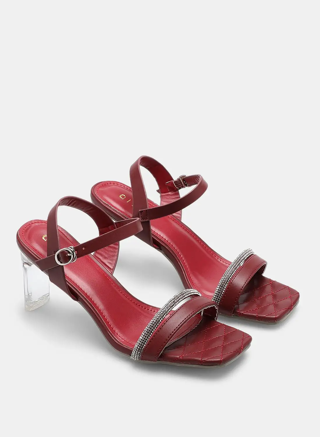 Aila Stone Embellished Strap Heeled Sandals Wine/Silver