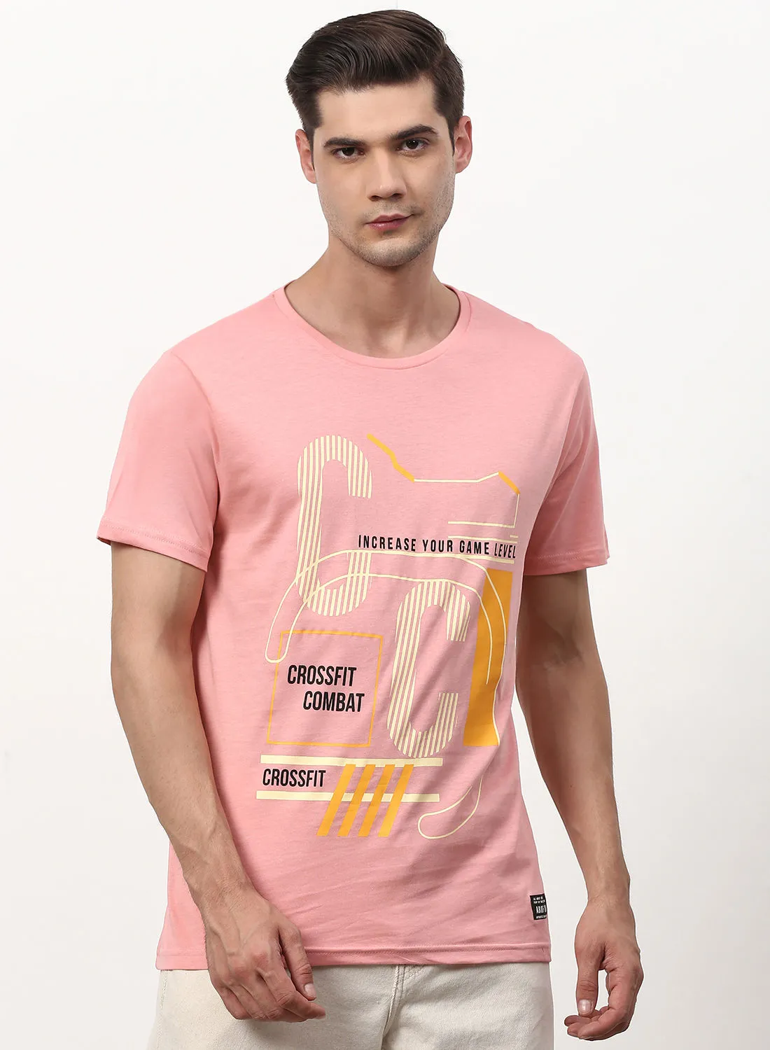 ABOF Increase Your Game Level Graphic Printed Crew Neck T-Shirt Coral Pink