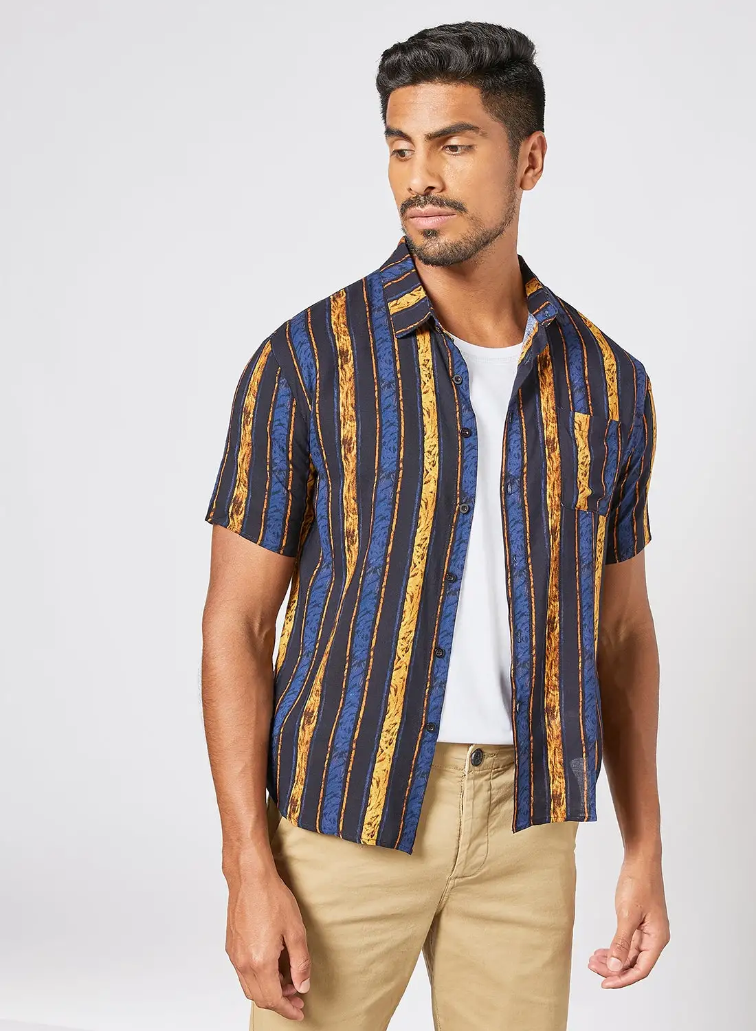 QUWA Casual Stripes Short Sleeves Woven Shirt with Pocket Navy Blue/Yellow/Black