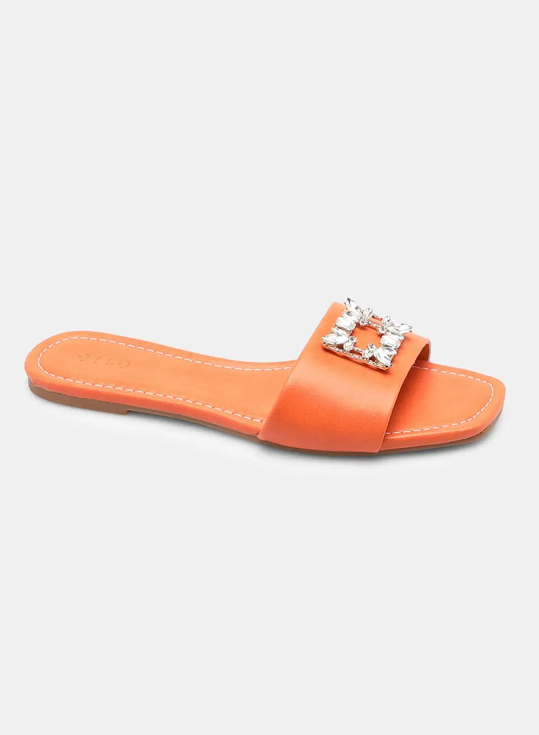 Aila Stone Embellished Broad Strap Flat Sandals Orange/Silver