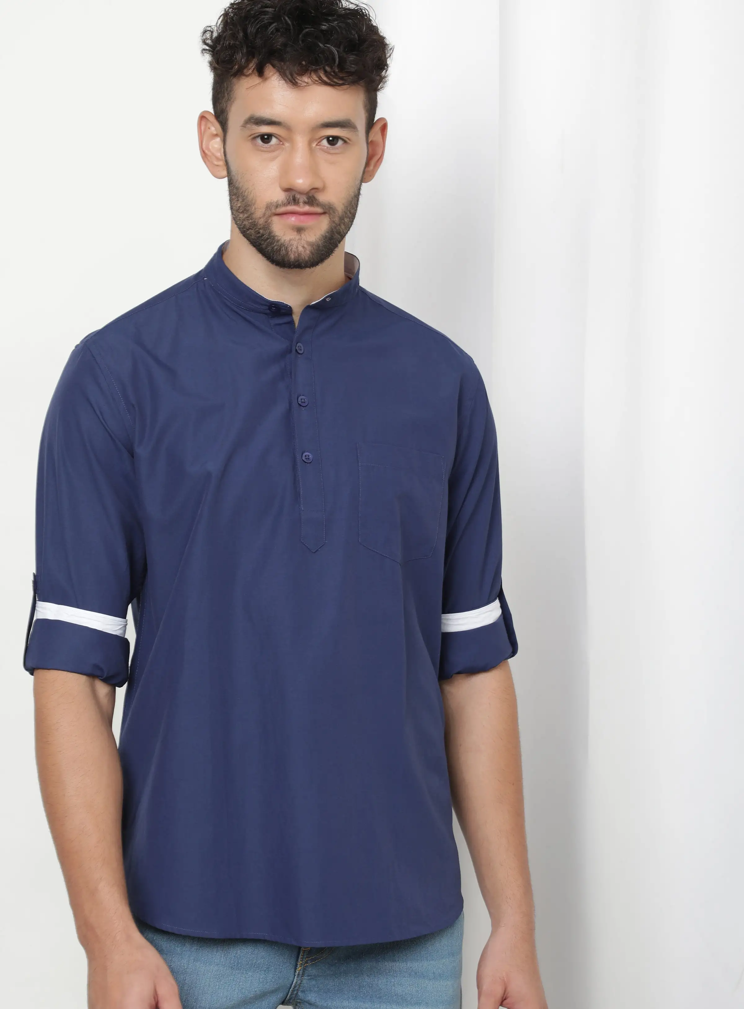 DRIP Casual Mandarin Neck Plain T-Shirt Navy Blue/White