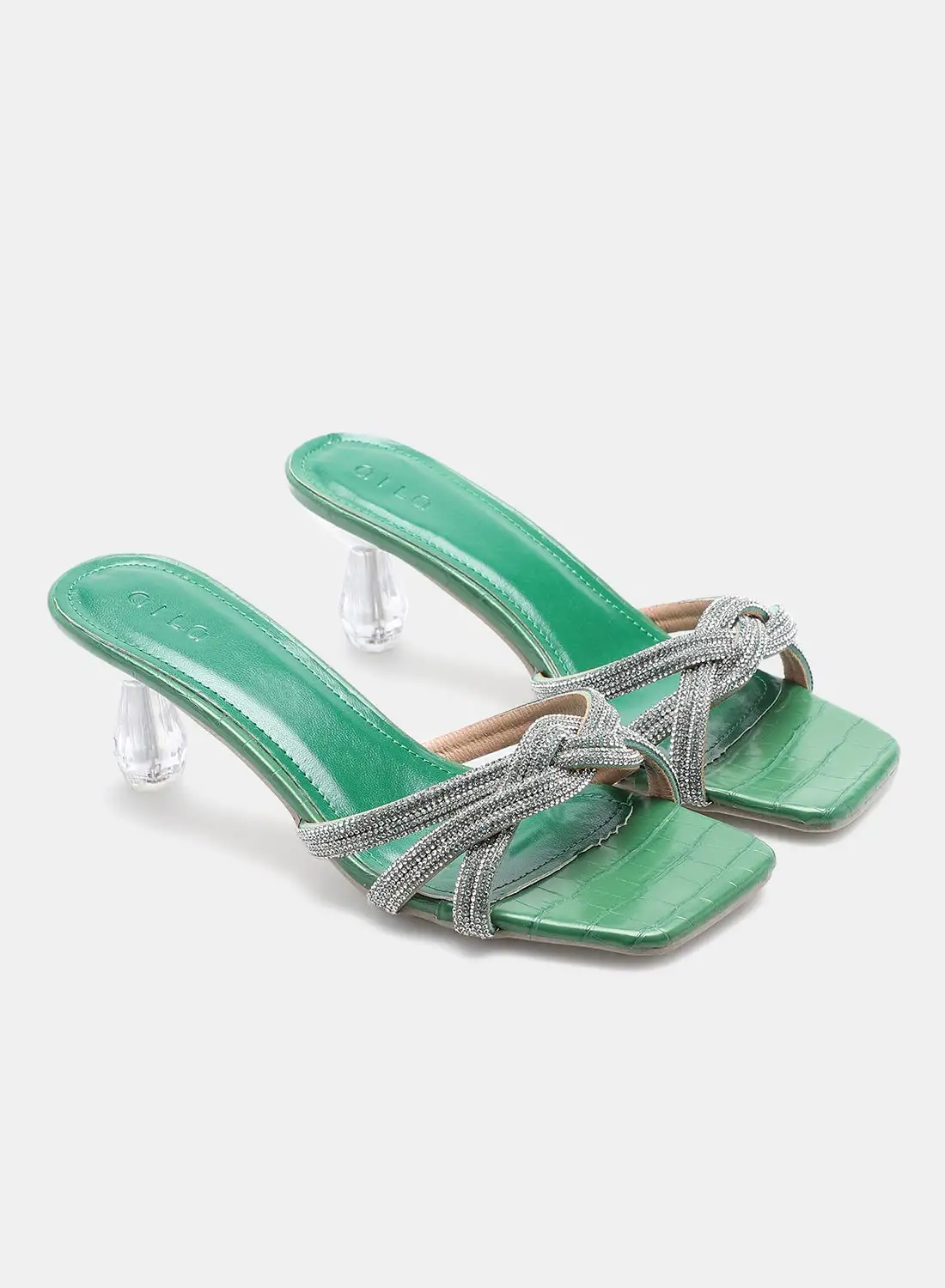 Aila Stone Embellished Straps Heeled Sandals Green/Silver