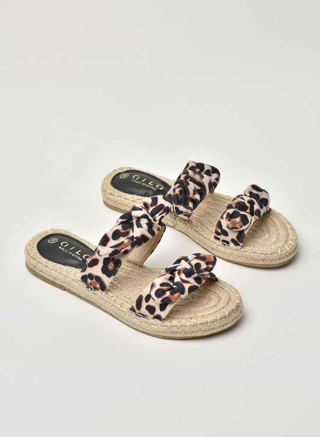 Aila Animal Printed Double Strap Flat Espadrille Sandals Ivory/Brown/Black