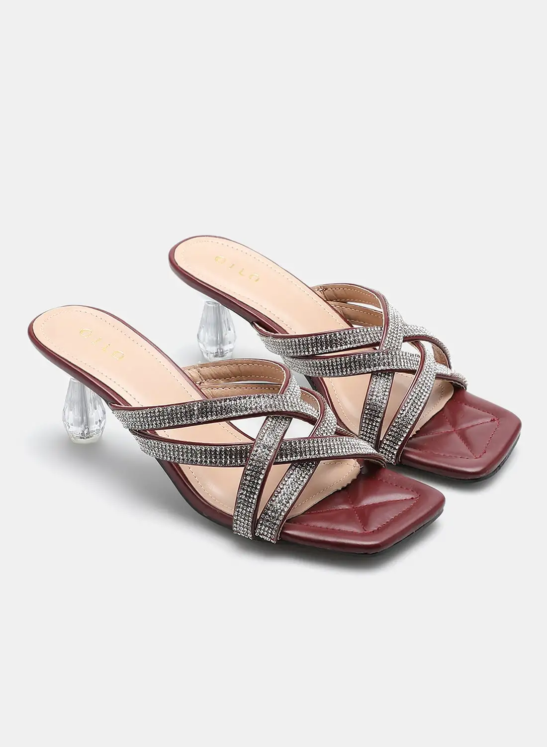 Aila Stone Embellished Strap Heeled Sandals Wine/Silver