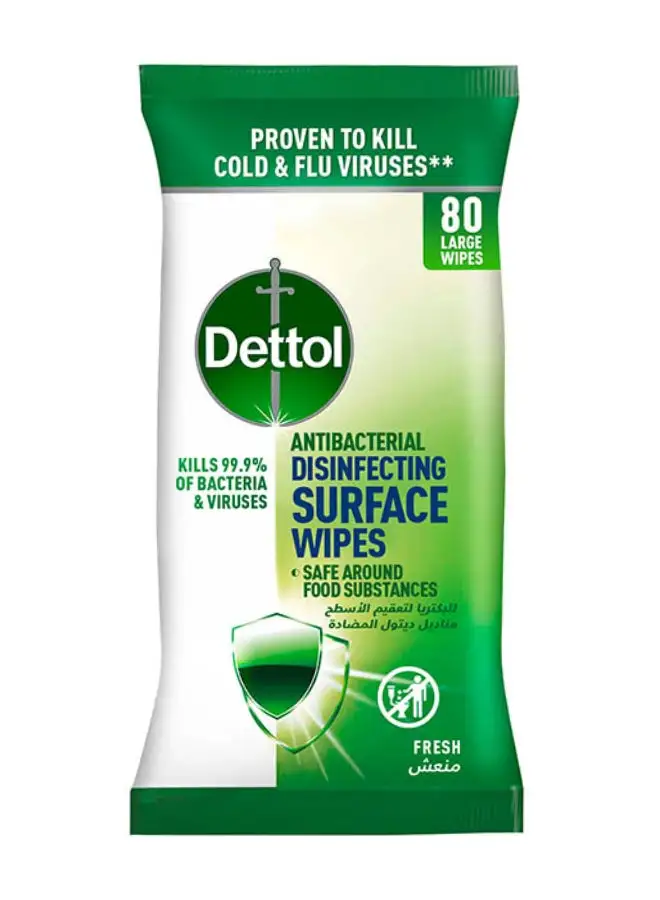 Dettol Fresh Antibacterial Disinfecting Surface Large Wipes With Resealable Lid, 80 Count Multicolour