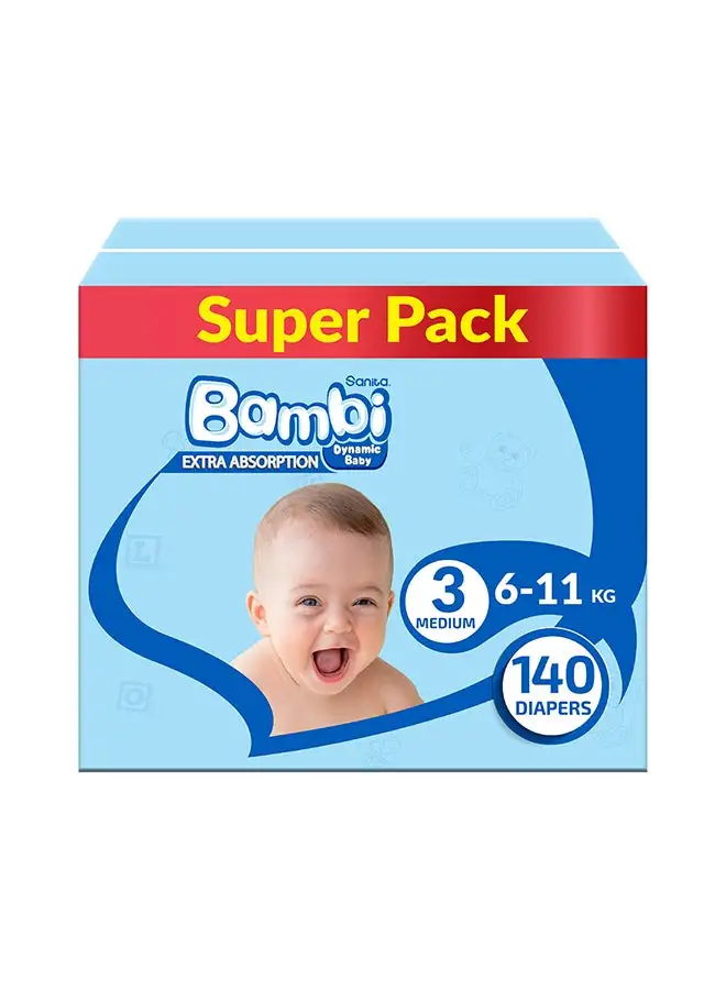 Sanita Bambi Baby Diapers Super Pack Size 3, Medium, 6-11 KG, 140 Count