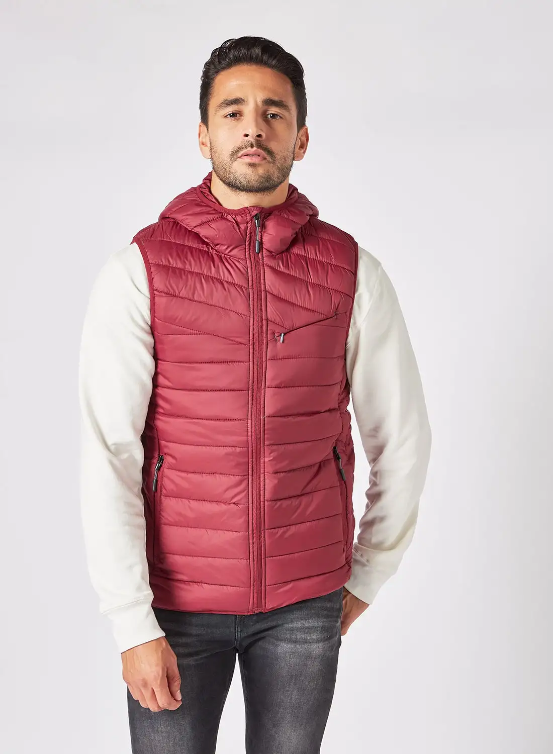 Athletiq Men's Casual Hooded And Side Pockets Detail Puffer Vest Jacket Dark Red