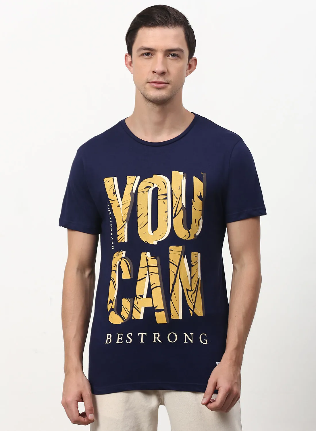 ABOF You Can Bestrong Printed Regular Fit Crew Neck T-Shirt Dark Eclipse Blue