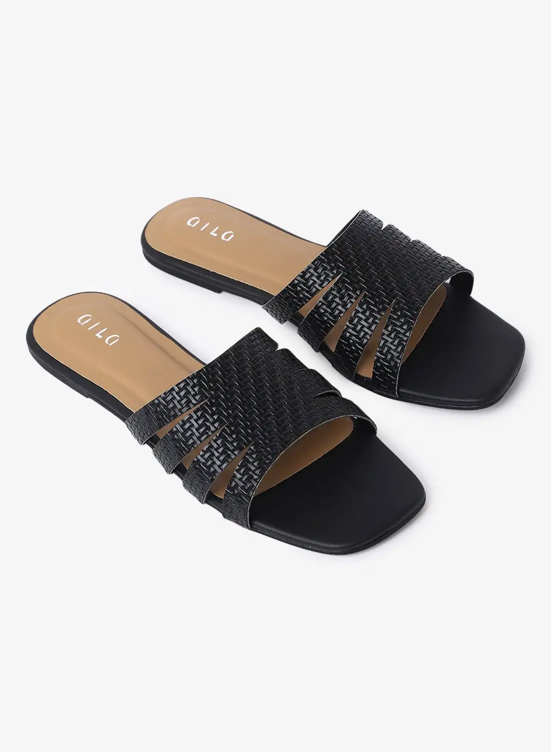 Aila Thin Braided Broad Strap Flat Sandals Black