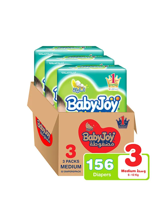 BabyJoy Baby Diapers, Size 3, 6 - 12 Kg, 156 Count (52 x 3) - Medium, Breathable Material, Compressed, Cotton Touch 