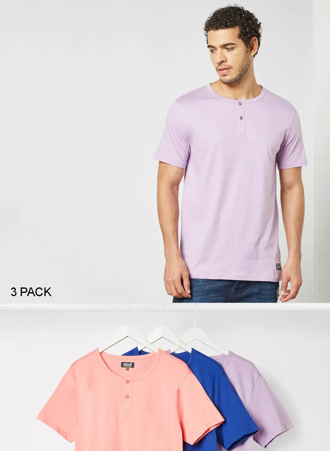 ABOF 3 Pack Of Henley Neck T-Shirt Purple/Blue/Peach