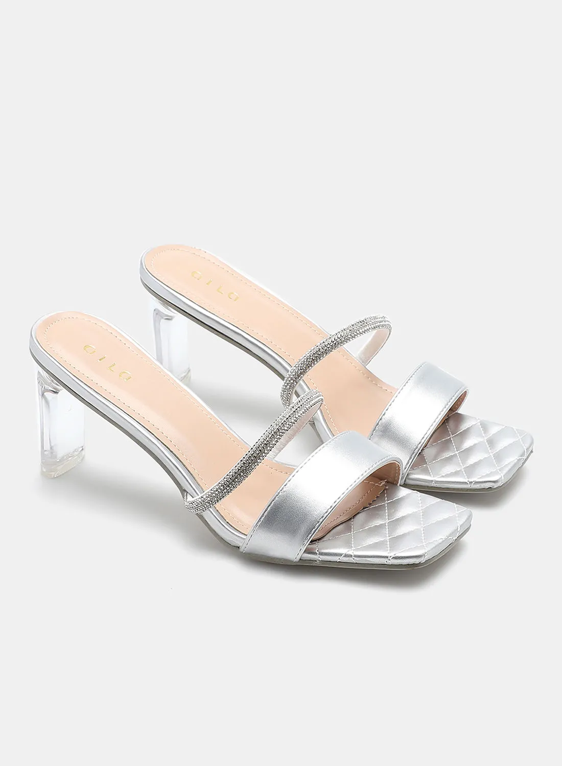 Aila Stone Embellished Strap Heeled Sandals Silver