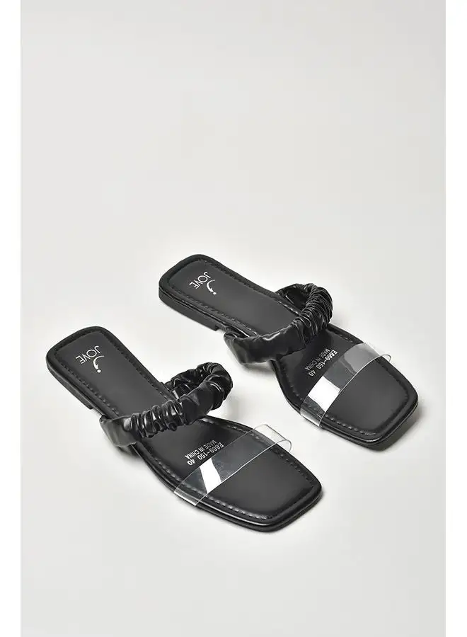 Jove Ruched Thin Strap Slip-On Flat Sandals Black/Clear