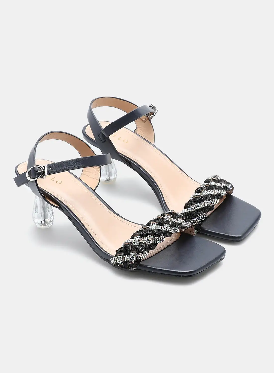 Aila Stone Embellished Braided Strap Heeled Sandals Navy Blue/Silver