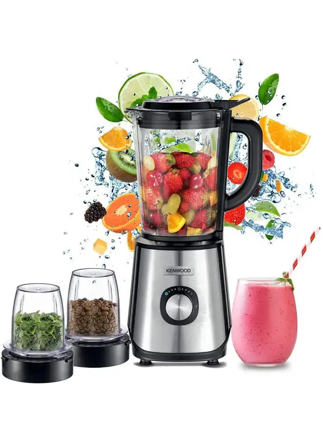 KENWOOD Glass Blender صانع عصير مع مطحنة ، مطحنة المروحية ، وظيفة سحق الثلج 2 لتر 1000 واط BLM45.720SS فضي / شفاف / أسود