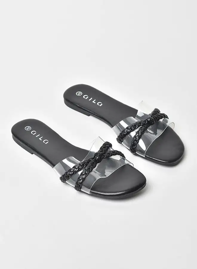 Aila Slip-On Detail Flat Sandals Black/Clear